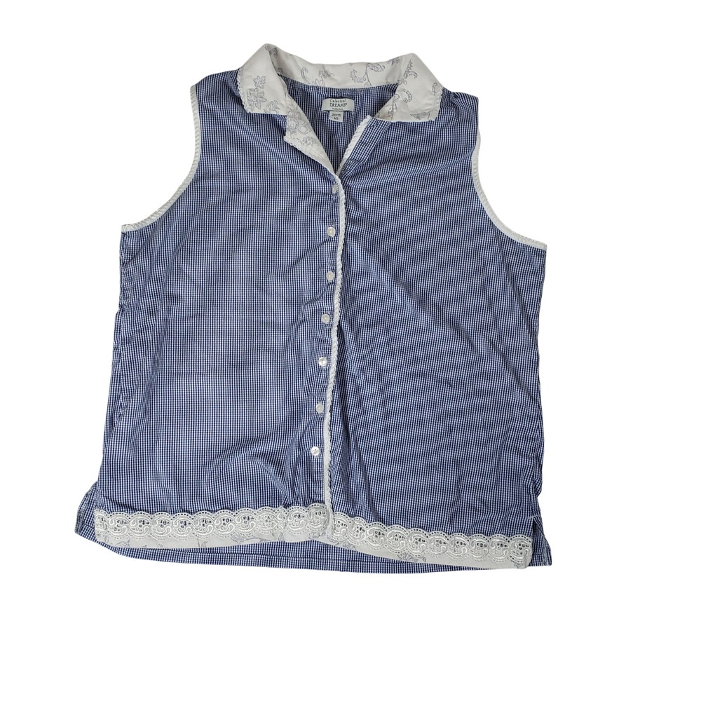 Celestial Dreams Blue Gingham Sleeveless Pajama Top Lace Trim Large L 12-14